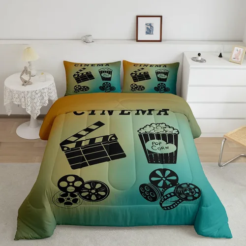 Miniatura 2 de Juego de edredón de cine tamaño individual, ropa de cama vintage de cine para niños, niñas y adultos, juego de edredón de palomitas de maíz