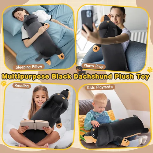 Miniatura 5 de Peluche de Perro Salchicha Negro Gigante de 30'' - Animal de Peluche de Perro Weiner Grande, Almohada de Peluche, Peluches, Juguete de Peluche