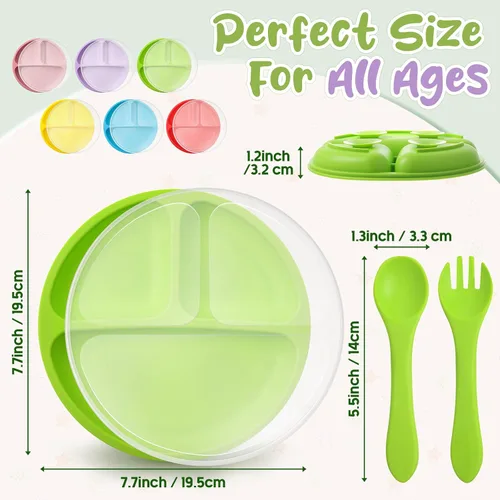 Miniatura 2 de Meanplan Paquete de 6 placas de succión para niños pequeños con tapas, juego de platos de silicona de grado alimenticio, diseño dividido, apto