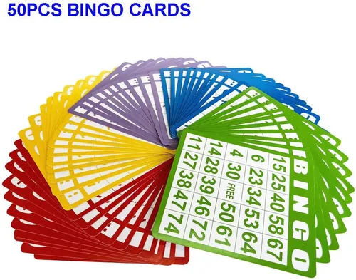 Miniatura 5 de Juego de bingo de lujo Yuanhe - Jaula de metal con tablero de llamadas, 50 tarjetas de bingo, 300 fichas de bingo coloridas, 75 bolas