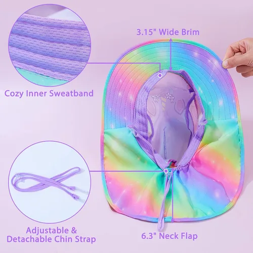 Miniatura 5 de Sombrero de sol para niños, protección UV, unicornio, verano, playa, jugar con ala ancha, solapa para el cuello para niñas y niños