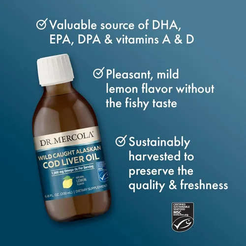 Miniatura 4 de Dr. Mercola Aceite de hígado de bacalao de Alaska Wild Caught, 6.8 onzas líquidas (6.8 fl oz), 40 porciones, 1,000 mg de omega-3 por porción