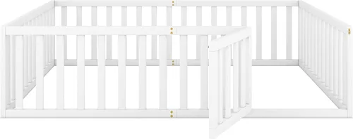 Miniatura 6 de Cama de plataforma tamaño Queen con valla, marco de cama de piso de madera maciza con puerta, marco de sofá cama tamaño Queen, color blanco