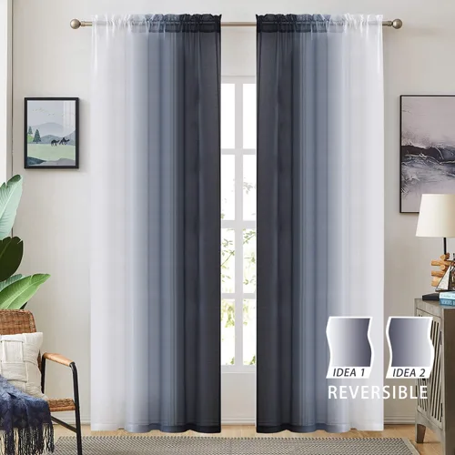 Miniatura 2 de Cortinas transparentes de lino sintético degradado gris oscuro para dormitorio, sala de estar, con bolsillo para barra, cortinas de gasa Gris oscuro