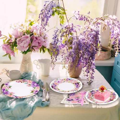 Miniatura 6 de Grencian 96 piezas de suministros de fiesta floral de primavera, platos de papel y servilletas de flores rosas y moradas, juego de vajilla