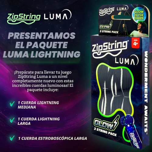 Miniatura 2 de ZipString Lightning Luma - Cuerdas de repuesto para juguete lanzador de cuerda, paquete de 3, juguete antiestrés reactivo a los rayos UV que brilla