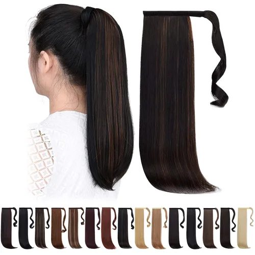 Miniatura 17 de Extensiones de cola de caballo caoba, cola de caballo rizada con clip, 22 pulgadas, 3.5 onzas, extensión de cabello sintético negro, extensión