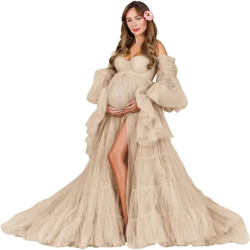 Vestidos de maternidad de tul para sesión de fotos, batas de hombro descubierto, manga larga, lencería nupcial, vestido de baby shower, vestidos de