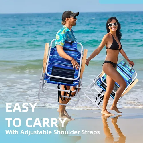 Miniatura 6 de Sillas de playa altas para adultos, Silla de playa tipo mochila de 17" de alto con apoyabrazos de madera, Silla reclinable de 5 posiciones de alta