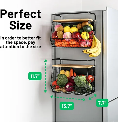 Miniatura 3 de Juego de 2 estantes magnéticos para refrigerador con tapa de madera, contenedores de almacenamiento de papas y cebollas, organizadores y Negro