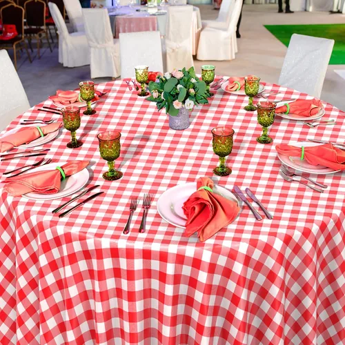 Miniatura 5 de Paquete de 12 manteles redondos de plástico rojo y blanco a cuadros desechables de alta calidad para fiestas, manteles redondos de fiesta