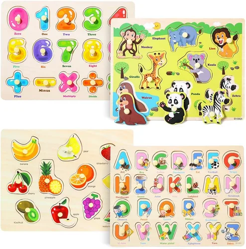 GRINNNIE - Rompecabezas de madera para niños pequeños de 3, 4, 5 años, juego de 4 rompecabezas de aprendizaje educativo Montessori, números, letras,
