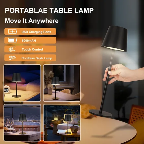 Miniatura 3 de Lámpara de mesa inalámbrica de metal, lámpara de batería recargable de 5000 mAh con 3 secciones de altura ajustable (8.8 a 20 pulgadas), control