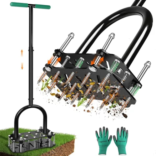 Aireador de césped ajustable con resorte de rebote – 16 picos de metal afilados aireador de suelo con mango ergonómico en T y placa de pie ancha,