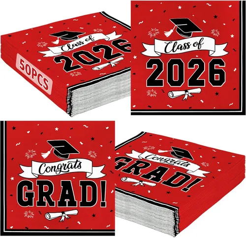 Paquete de 50 servilletas de graduación para la clase de 2026, 6.5 x 6.5 pulgadas, servilletas de graduación rojas, pañuelos de papel clásicos con