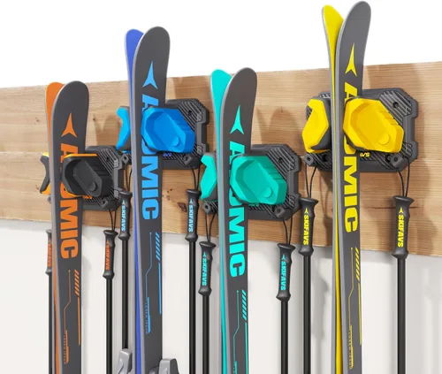 Miniatura 12 de Estante de pared de esquí y snowboard para garaje, se adapta a cualquier tabla, soportes de montaje en pared, almacenamiento sin daños, organizador
