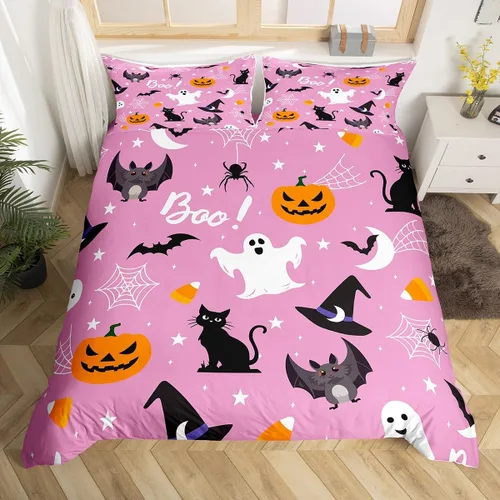 Miniatura 23 de Juego de ropa de cama de Halloween, funda de edredón gótica de murciélagos negros con telarañas, funda de edredón individual, diseño de arañas