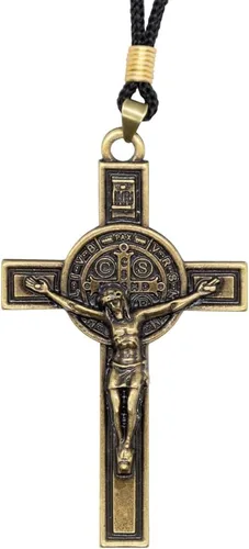 Collar con colgante de crucifijo de San Benito, patrón de los estudiantes y Europa, incluye cordón, gran regalo católico para la primera comunión,