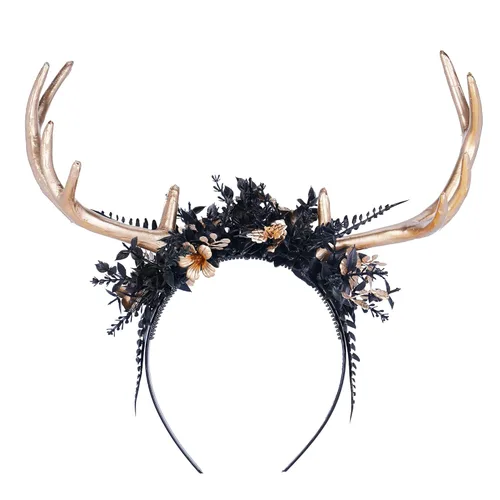 Miniatura 6 de MOSTORY Diadema hecha a mano con cuernos de flores doradas, diadema de cuernos de ciervo y bosque, diadema de reno floral para mujeres y niñas