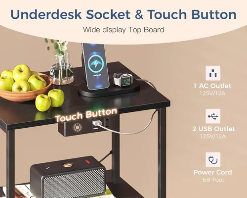 Miniatura 4 de Casaottima Mesita de noche con estación de carga y luces LED, mesa auxiliar para dormitorio con 2 cajones de tela, pequeña mesita de noche con Negro