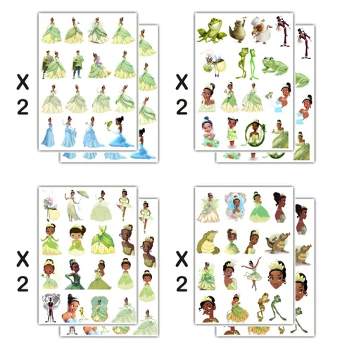 Miniatura 2 de 8 hojas de tatuajes temporales de princesa Tiana para suministros de fiesta, tatuajes temporales de princesa y rana para decoraciones de fiesta