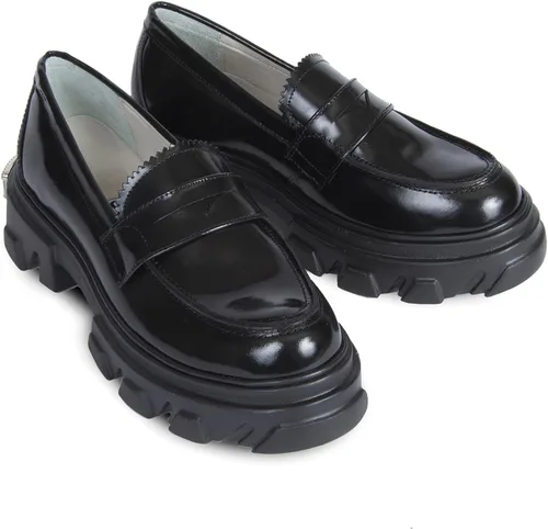 URBN KICKS - Mocasines lisos, mocasines negros para mujer, punta redonda, 100% piel auténtica, suela gruesa Superlite