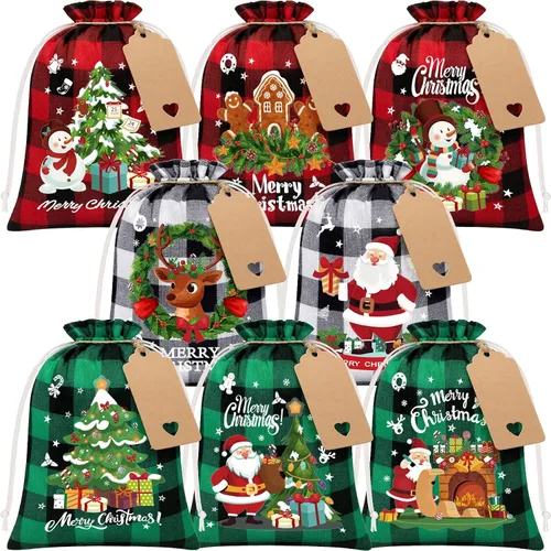 Miniatura 11 de FLOE 24 Bolsas de Regalo de Arpillera Navideñas con Cordón, Bolsas de Lino Navideñas de 6x8 pulgadas con Etiqueta, Bolsa de Regalo Pequeña de Yute
