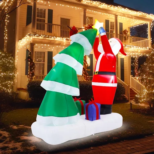 Decoraciones inflables de Navidad de 8 pies para exteriores, Papá Noel inflable que recoge la estrella del árbol de Navidad con luces LED