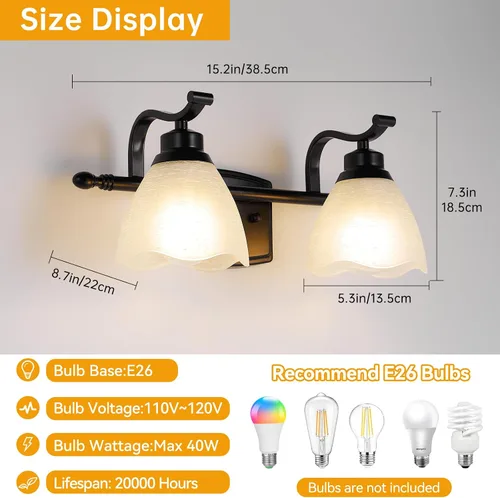 Miniatura 4 de Lámparas de baño (2 luces, 38 cm), luces de tocador mate negras para baño con pantalla de vidrio esmerilado blanco, luces de pared modernas