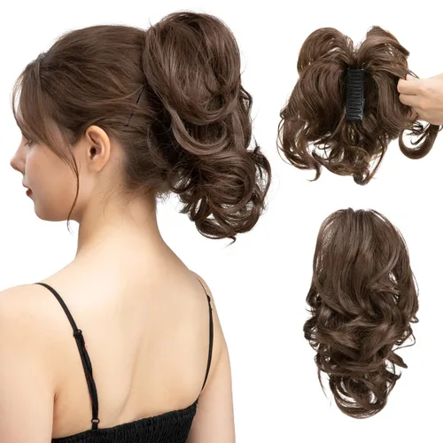 Miniatura 27 de CJL HAIR - Extensiones de cabello con pinza de garra para cola de caballo corta, trenza desordenada, sintéticas, maleables, para mujeres, cabello