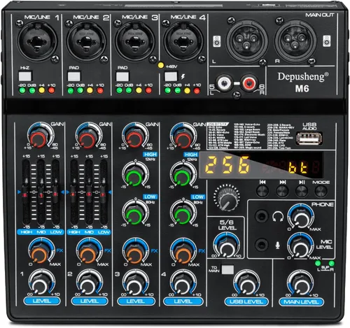 Depusheng M6 Mezclador DJ portátil de 6 canales con Bluetooth, consola de mezcla de sonido MP3 incorporada con 256 efectos digitales, 48V Phantom