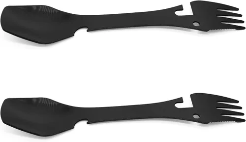 Paquete de 2 cucharas de tenedor multifunción de acero inoxidable 5 en 1, tenedor y cuchillo, abrelatas y utensilios de campamento para picnic,