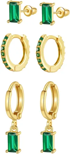 Juego de 3 pares de aretes de oro para mujer, aretes tipo dormilona de oro de 14 quilates, aretes de aro pequeños y pequeños de oro esmeralda, juego