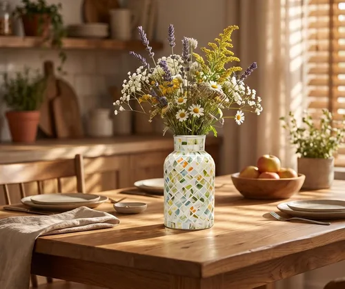 Miniatura 5 de Jarrón verde de vidrio de mosaico hecho a mano, florero floral de vidrio templado de 7.9 pulgadas con arte de azulejos diagonales de 45°, florero