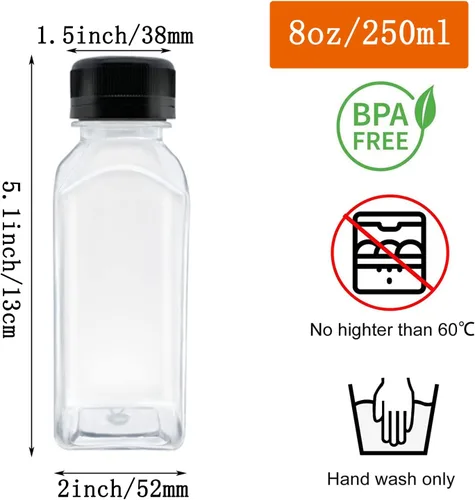 Miniatura 2 de 3 botellas de plástico de 8 onzas, recipientes reutilizables para bebidas a granel para jugo, leche y otras bebidas, tapa negra