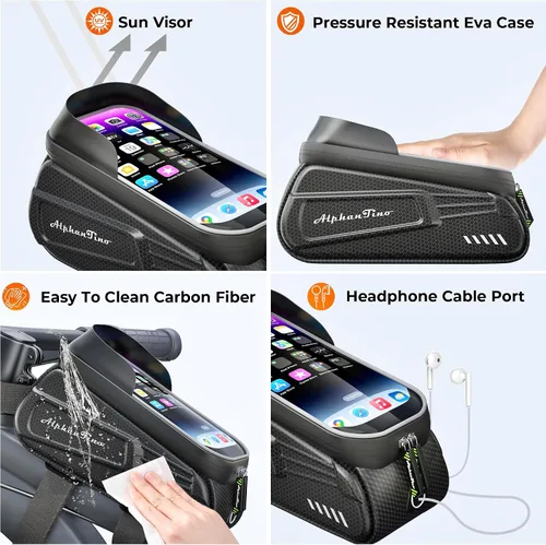 Miniatura 4 de Bolsa para Soporte de Teléfono para Bicicleta Alphantino - Estuche Rígido Impermeable de Gran Capacidad para Tubo Superior, Marco Frontal