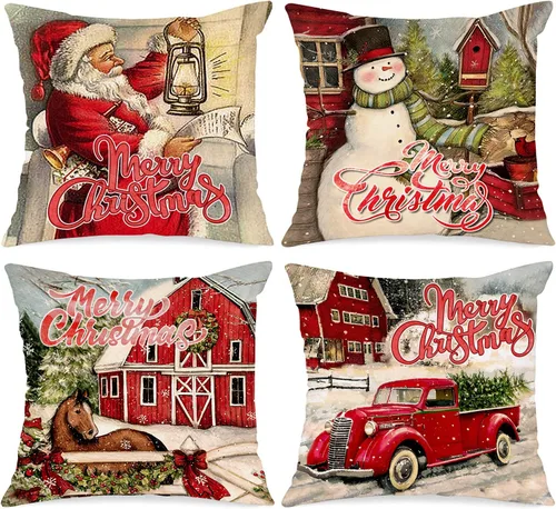 Lanpn - Juego de 4 fundas de almohada vintage de Navidad, 12 x 12 pulgadas, fundas decorativas retro de 12 pulgadas para Papá Noel, fundas de cojín