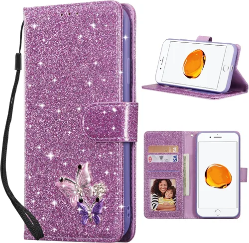 Miniatura 26 de UEEBAI Funda tipo cartera para iPhone 11, funda de piel sintética con purpurina para teléfono, ranuras para tarjetas, funda con función atril