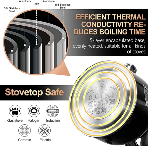 Miniatura 6 de SUSTEAS Hervidor de té – Hervidor silbante de 3.17 cuartos con mango ergonómico – Ollas de té de acero inoxidable de alta calidad para estufa