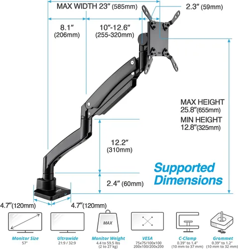 Miniatura 2 de AVLT Brazo de monitor súper ultra ancho de 17"-57" para pantallas de hasta 59.5 libras, soporte de escritorio de aluminio premium, altura neumática