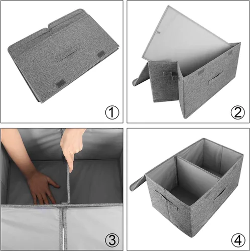 Miniatura 3 de Paquete de 2 cajas de almacenamiento con tapas y asas, contenedores plegables de lino organizadores con divisor extraíble para el hogar, dormitorio