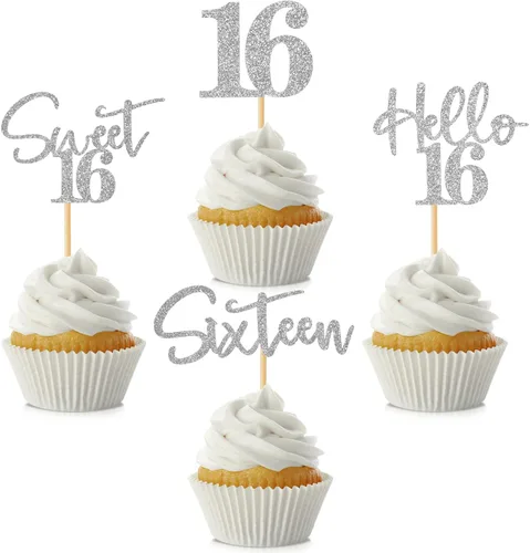 48 adornos para cupcakes de cumpleaños de 16 años, con purpurina Sweet 16 Hello 16, decoración para tartas de dieciséis años, para niños y niñas,