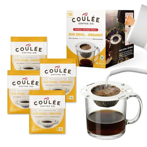 Miniatura 14 de Coulée EcoPour Coffee - Paquete variado de café para verter una sola porción, uso para acampar o viajar, compostable prellenado, todos los filtros