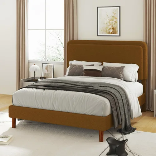 Miniatura 6 de Marco de cama tapizado Boucle de tamaño matrimonial con cabecera ajustable, plataforma de nube, patas de madera maciza, no necesita somier, fácil