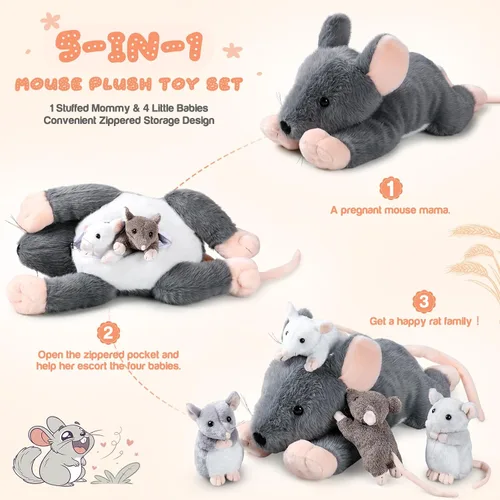 Miniatura 3 de Arrowbash - 5 piezas de animales de peluche de ratón con bebés, peluche de rata mamá de 14 pulgadas con 4 ratones pequeños en el abdomen