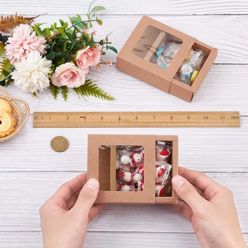 Miniatura 2 de BENECREAT Paquete de 20 cajas cuadradas de papel kraft de 3.5 x 3.5 x 1.2 pulgadas, caja de cajón con tapa de ventana de PVC para fiesta de Marrón