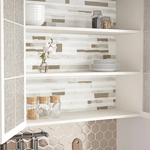 Miniatura 3 de Papel tapiz geométrico, color beige, marrón y blanco, papel tapiz para despegar y pegar, papel de contacto con rayas geométricas, papel de pared