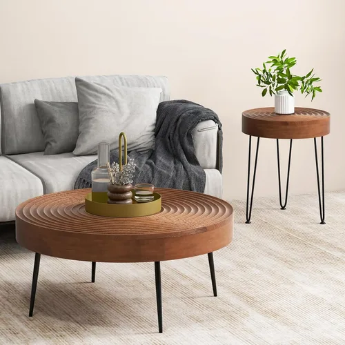 Miniatura 9 de Giantex Juego de 2 mesas auxiliares redondas bohemias, mesa anidable lateral para sofá con parte superior de madera de pino maciza, patas de metal