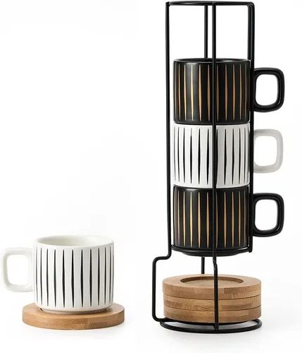 Miniatura 9 de LUKA Tazas de Porcelana Apilables a Cuadros Blancos y Negros para Espresso con Platillos y Soporte de Metal, Juego de Tazas Pequeñas de Cerámica