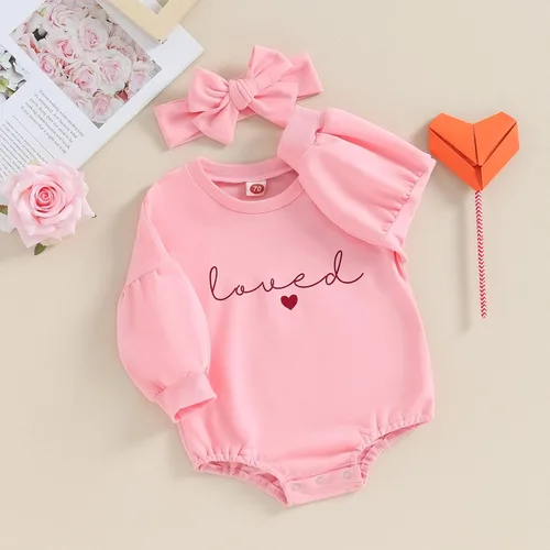 Miniatura 33 de Traje de bebé niña para el primer día de San Valentín, mameluco de burbujas con cuello redondo, sudadera linda para primavera y otoño